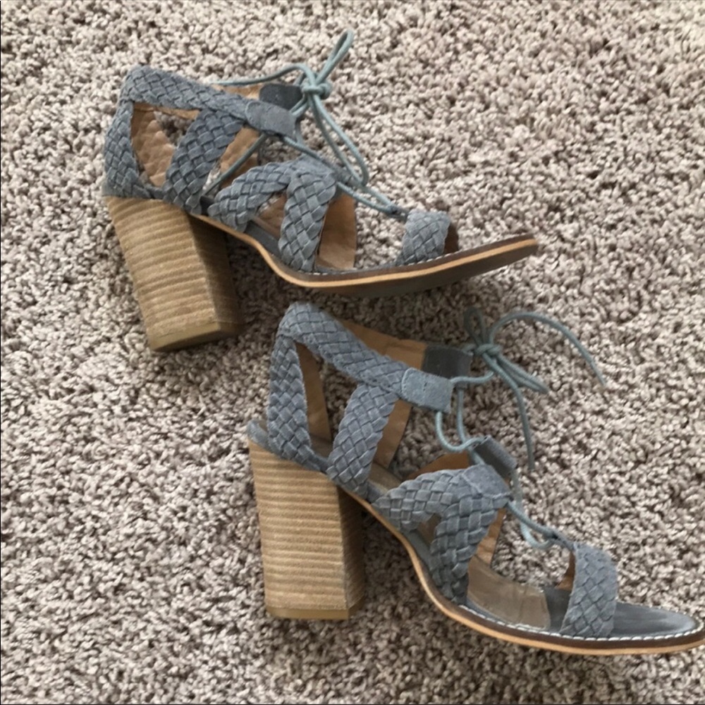 Diba Gray Leather Lace Up Strap Block Heels Sz 7